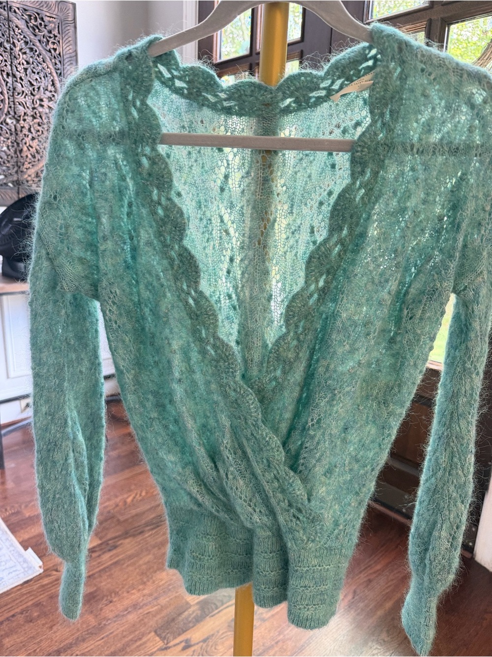 Sézane Teal Lace-Trim Mohair Wrap Sweater
